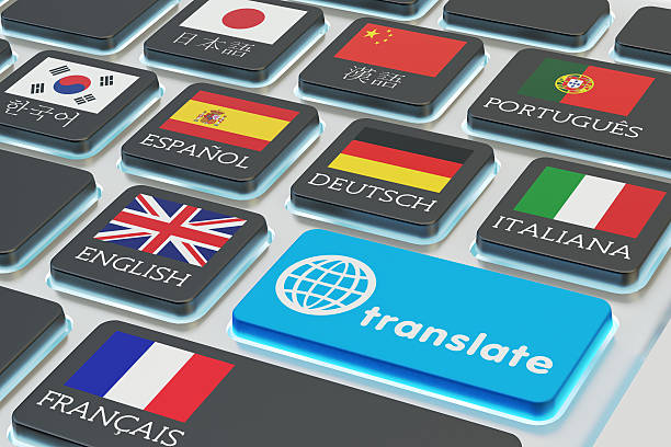 Macro view of computer keyboard with national flags of world countries on keys and blue translate button
